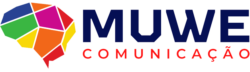 Logotipo da muwe comunicação com um cérebro dividido em várias partes coloridas, abaixo a escrita MUWE em um tom de azul escuro e logo abaixo a escrita COMUNICAÇÃO em vermelho.